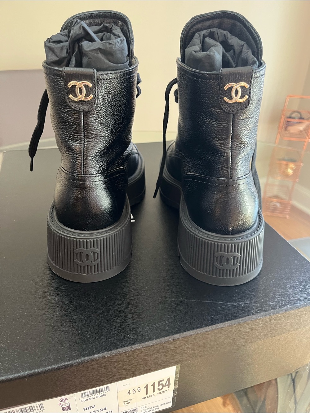 CHANEL Black Leather Lace-Up Platform Ankle Boots with Gold Logo - Picture 6 of 11
